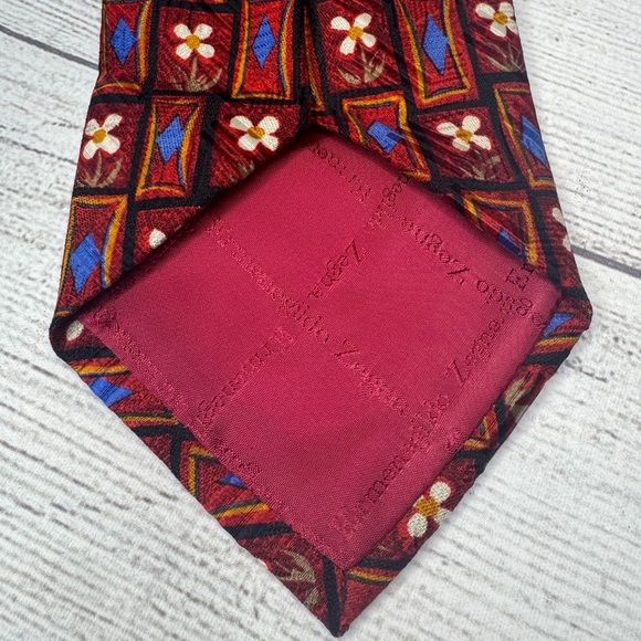 Ermenegildo Zegna Tie Men's Red Blue Geometric Daisy Floral Necktie Silk - Picture 5 of 6